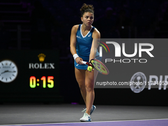 RIYADH, SAUDI ARABIA - NOVEMBER 02: Jasmine Paolini of Italy in action during her match against Kazakhstan's Elena Rybakina at the 2024 WTA...