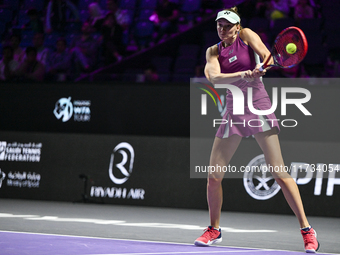 RIYADH, SAUDI ARABIA - NOVEMBER 02: Elena Rybakina of Kazakhstan during her match against Jasmine Paolini of Italy at the 2024 WTA Finals, p...