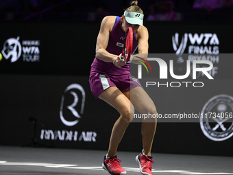 RIYADH, SAUDI ARABIA - NOVEMBER 02: Elena Rybakina of Kazakhstan during her match against Jasmine Paolini of Italy at the 2024 WTA Finals, p...