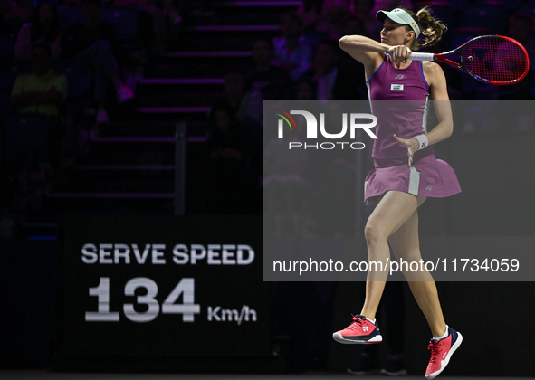 RIYADH, SAUDI ARABIA - NOVEMBER 02: Elena Rybakina of Kazakhstan during her match against Jasmine Paolini of Italy at the 2024 WTA Finals, p...