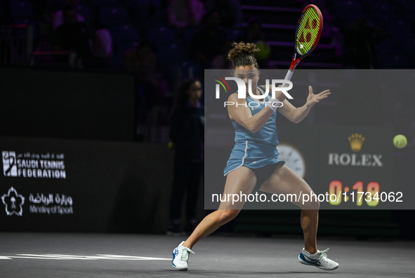 RIYADH, SAUDI ARABIA - NOVEMBER 02: Jasmine Paolini of Italy in action during her match against Kazakhstan's Elena Rybakina at the 2024 WTA...