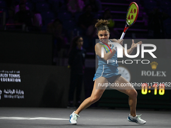 RIYADH, SAUDI ARABIA - NOVEMBER 02: Jasmine Paolini of Italy in action during her match against Kazakhstan's Elena Rybakina at the 2024 WTA...