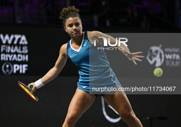 RIYADH, SAUDI ARABIA - NOVEMBER 02: Jasmine Paolini of Italy in action during her match against Kazakhstan's Elena Rybakina at the 2024 WTA...