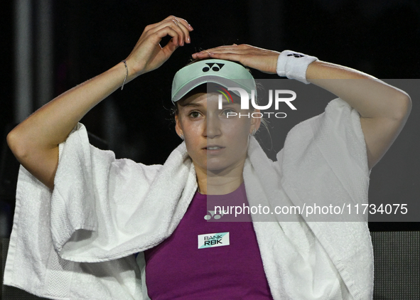 RIYADH, SAUDI ARABIA - NOVEMBER 02: Elena Rybakina of Kazakhstan during her match against Jasmine Paolini of Italy at the 2024 WTA Finals, p...