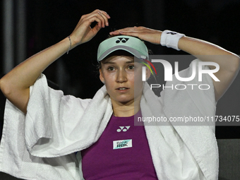 RIYADH, SAUDI ARABIA - NOVEMBER 02: Elena Rybakina of Kazakhstan during her match against Jasmine Paolini of Italy at the 2024 WTA Finals, p...