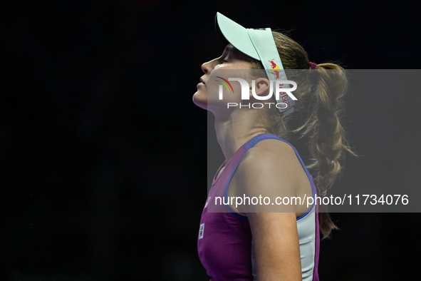 RIYADH, SAUDI ARABIA - NOVEMBER 02: Elena Rybakina of Kazakhstan during her match against Jasmine Paolini of Italy at the 2024 WTA Finals, p...