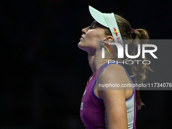 RIYADH, SAUDI ARABIA - NOVEMBER 02: Elena Rybakina of Kazakhstan during her match against Jasmine Paolini of Italy at the 2024 WTA Finals, p...