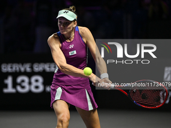 RIYADH, SAUDI ARABIA - NOVEMBER 02: Jasmine Paolini of Italy in action during her match against Kazakhstan's Elena Rybakina at the 2024 WTA...