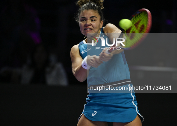 RIYADH, SAUDI ARABIA - NOVEMBER 02: Jasmine Paolini of Italy in action during her match against Kazakhstan's Elena Rybakina at the 2024 WTA...