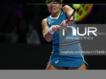 RIYADH, SAUDI ARABIA - NOVEMBER 02: Jasmine Paolini of Italy in action during her match against Kazakhstan's Elena Rybakina at the 2024 WTA...