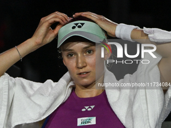 RIYADH, SAUDI ARABIA - NOVEMBER 02: Elena Rybakina of Kazakhstan during her match against Jasmine Paolini of Italy at the 2024 WTA Finals, p...