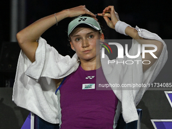 RIYADH, SAUDI ARABIA - NOVEMBER 02: Elena Rybakina of Kazakhstan during her match against Jasmine Paolini of Italy at the 2024 WTA Finals, p...