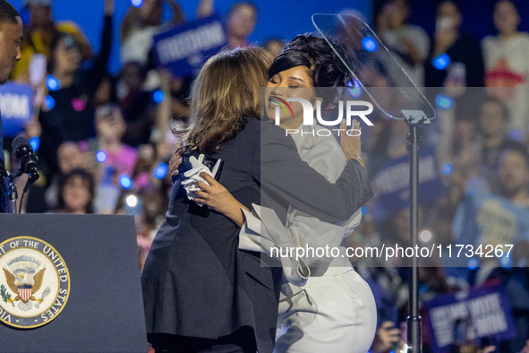 Kamala Harris, Cardi B. at a campaign rally four days before Election Day at Wisconsin State Fair Park Exposition Center in West Allis, Wisc...