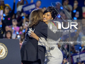 Kamala Harris, Cardi B. at a campaign rally four days before Election Day at Wisconsin State Fair Park Exposition Center in West Allis, Wisc...