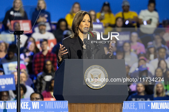 Vice President of the United States Kamala Harris delivered remarks at a campaign rally four days before Election Day at Wisconsin State Fai...