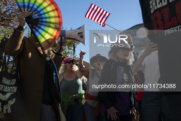 Abortion rights activists chant slogans during the National Women's March at Freedom Plaza in Washington DC, USA, on November 2, 2024. Just...