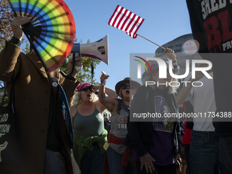 Abortion rights activists chant slogans during the National Women's March at Freedom Plaza in Washington DC, USA, on November 2, 2024. Just...