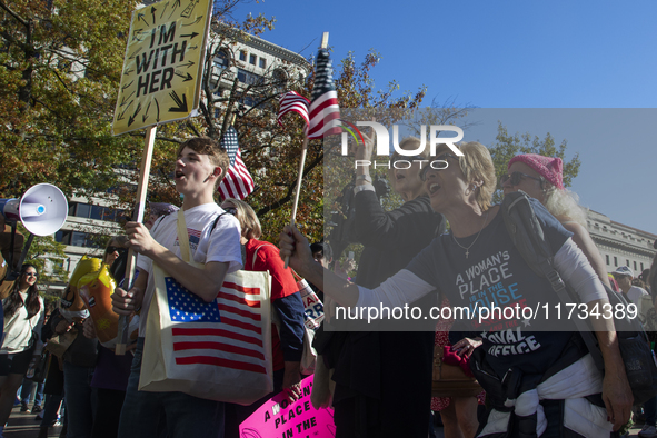 Abortion rights activists chant slogans during the National Women's March at Freedom Plaza in Washington DC, USA, on November 2, 2024. Just...