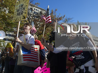 Abortion rights activists chant slogans during the National Women's March at Freedom Plaza in Washington DC, USA, on November 2, 2024. Just...