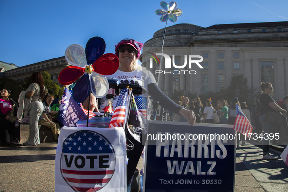 A handicapped person is seen during the National Women's March at Freedom Plaza in Washington DC, USA, on November 2, 2024. Just days before...