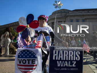 A handicapped person is seen during the National Women's March at Freedom Plaza in Washington DC, USA, on November 2, 2024. Just days before...