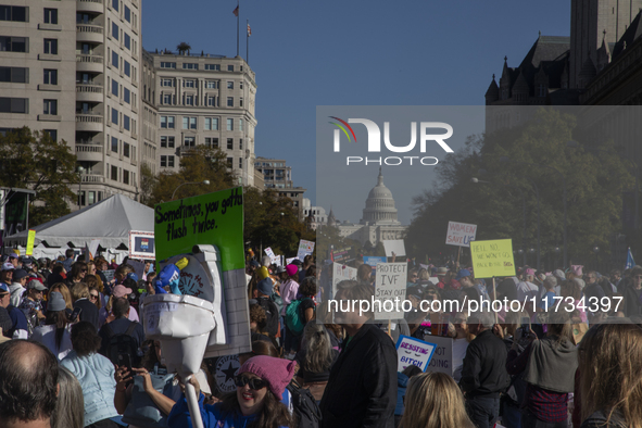 Thousands of demonstrators attend the Women's March in support of Vice President Kamala Harris in Washington DC, USA, on November 2, 2024. T...