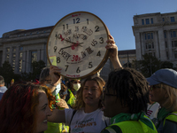 Anti-abortion rights activists protest during the National Women's March at Freedom Plaza in Washington DC, USA, on November 2, 2024. Just d...