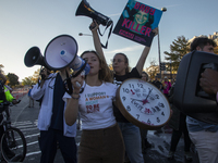 Anti-abortion rights activists protest during the National Women's March in Washington DC, USA, on November 2, 2024. Just days before the US...