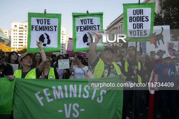 Demonstrators chant slogans during the National Women's March in Washington DC, USA, on November 2, 2024. Just days before the US Election,...