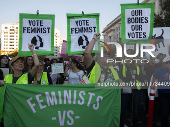 Demonstrators chant slogans during the National Women's March in Washington DC, USA, on November 2, 2024. Just days before the US Election,...