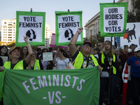 Demonstrators chant slogans during the National Women's March in Washington DC, USA, on November 2, 2024. Just days before the US Election,...