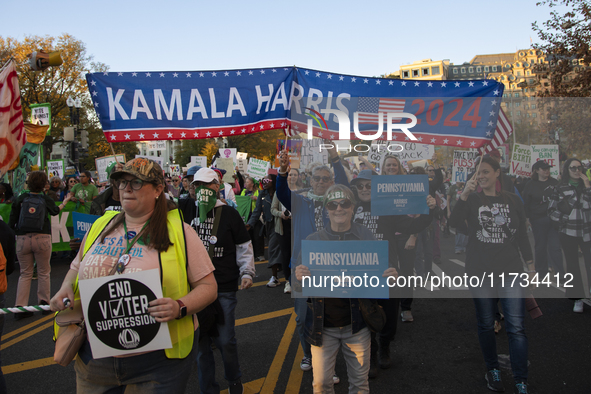 Thousands of demonstrators attend the Women's March in support of Vice President Kamala Harris in Washington DC, USA, on November 2, 2024. T...