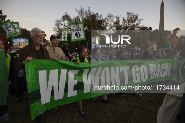 Demonstrators chant slogans during the National Women's March in Washington DC, USA, on November 2, 2024. Just days before the US Election,...