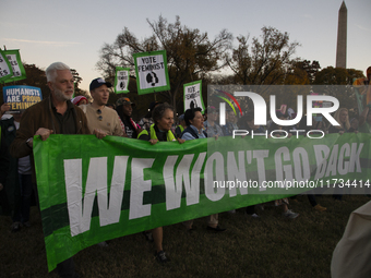 Demonstrators chant slogans during the National Women's March in Washington DC, USA, on November 2, 2024. Just days before the US Election,...