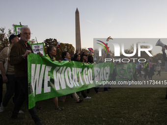 Demonstrators chant slogans during the National Women's March in Washington DC, USA, on November 2, 2024. Just days before the US Election,...