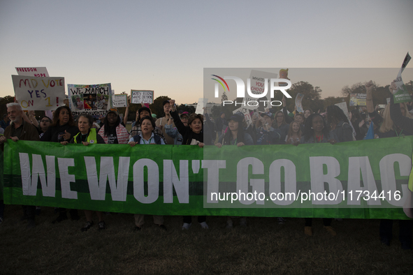 Demonstrators chant slogans during the National Women's March in front of the White House in Washington DC, USA, on November 2, 2024. Just d...