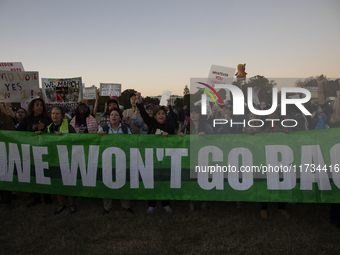 Demonstrators chant slogans during the National Women's March in front of the White House in Washington DC, USA, on November 2, 2024. Just d...