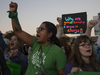 Demonstrators chant slogans during the National Women's March in front of the White House in Washington DC, USA, on November 2, 2024. Just d...