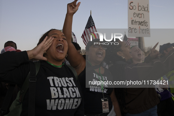 Demonstrators chant slogans during the National Women's March in Washington DC, USA, on November 2, 2024. Just days before the US Election,...