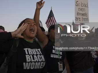 Demonstrators chant slogans during the National Women's March in Washington DC, USA, on November 2, 2024. Just days before the US Election,...