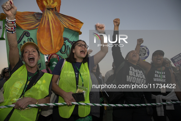 Demonstrators chant slogans during the National Women's March in front of the White House in Washington DC, USA, on November 2, 2024. Just d...