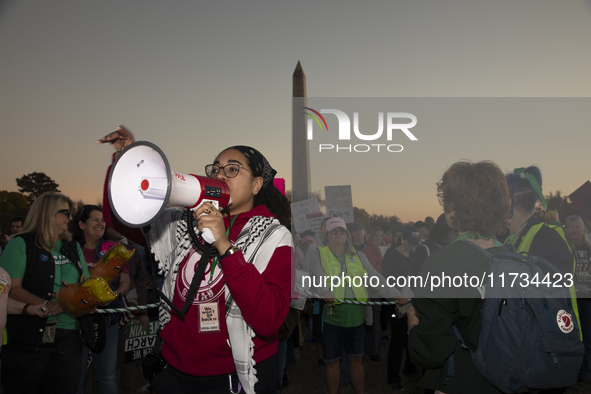 Demonstrators chant slogans during the National Women's March in Washington DC, USA, on November 2, 2024. Just days before the US Election,...