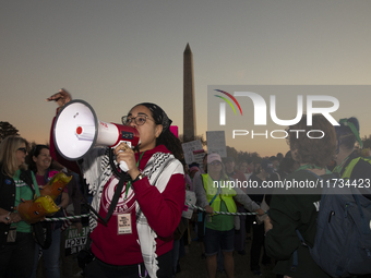 Demonstrators chant slogans during the National Women's March in Washington DC, USA, on November 2, 2024. Just days before the US Election,...