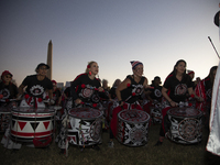 Drummers perform during the National Women's March in Washington DC, USA, on November 2, 2024. Just days before the US Election, thousands o...