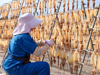 A worker dries squid at a seafood processing company in Zhanmao Industrial Park in Zhoushan, China, on November 3, 2024. (