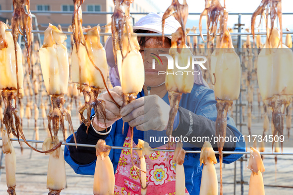 A worker dries squid at a seafood processing company in Zhanmao Industrial Park in Zhoushan, China, on November 3, 2024. 