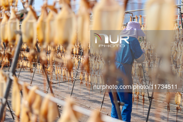 A worker dries squid at a seafood processing company in Zhanmao Industrial Park in Zhoushan, China, on November 3, 2024. 