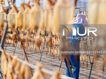 A worker dries squid at a seafood processing company in Zhanmao Industrial Park in Zhoushan, China, on November 3, 2024. (