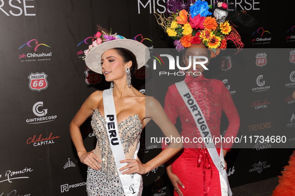 Miss Peru Tatiana Calmell and Miss Portugal Andreea Correia attend the red carpet for the Miss Universe Catrinas Gala at Antiguo Colegio de...