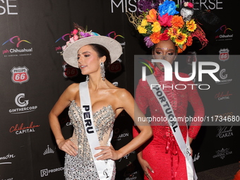 Miss Peru Tatiana Calmell and Miss Portugal Andreea Correia attend the red carpet for the Miss Universe Catrinas Gala at Antiguo Colegio de...